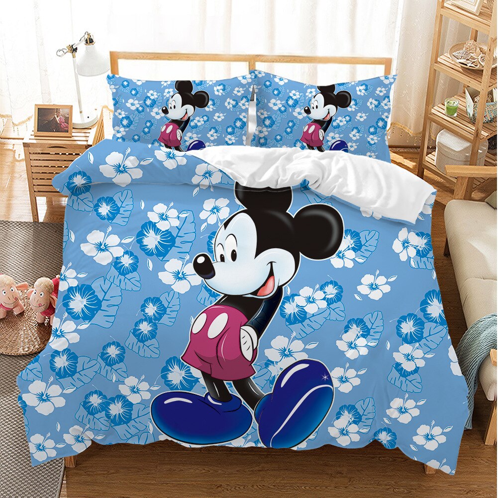 Blauw Mickey Dekbedovertrek Met Witte Bloemen